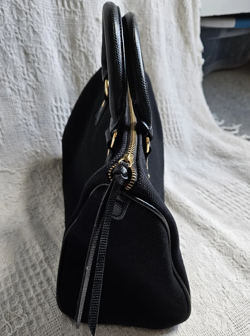 Victoria's Secret Black Canvas Satchel with Gold Hardware
